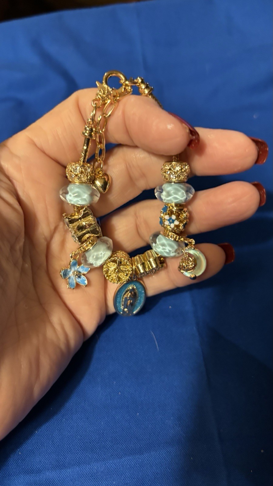 Gold Tone Oval Link Charm Bracelet – Blue Round Glass Beads, Lobster Clasp