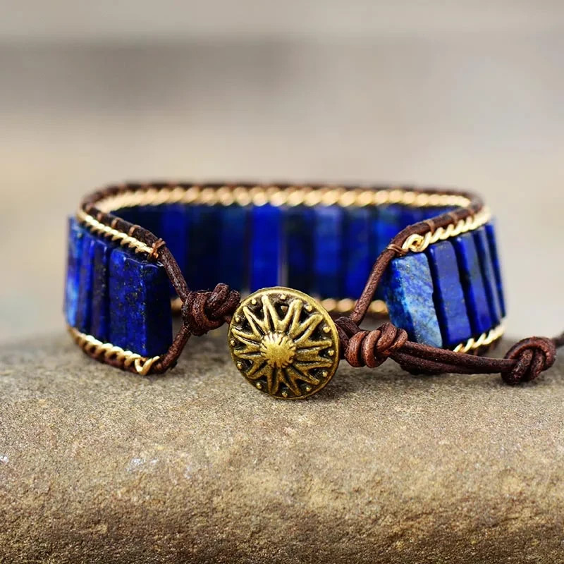 Natural Lapis Lazuli Tube Beads Genuine Leather Handmade Women Men Bracelet Gift