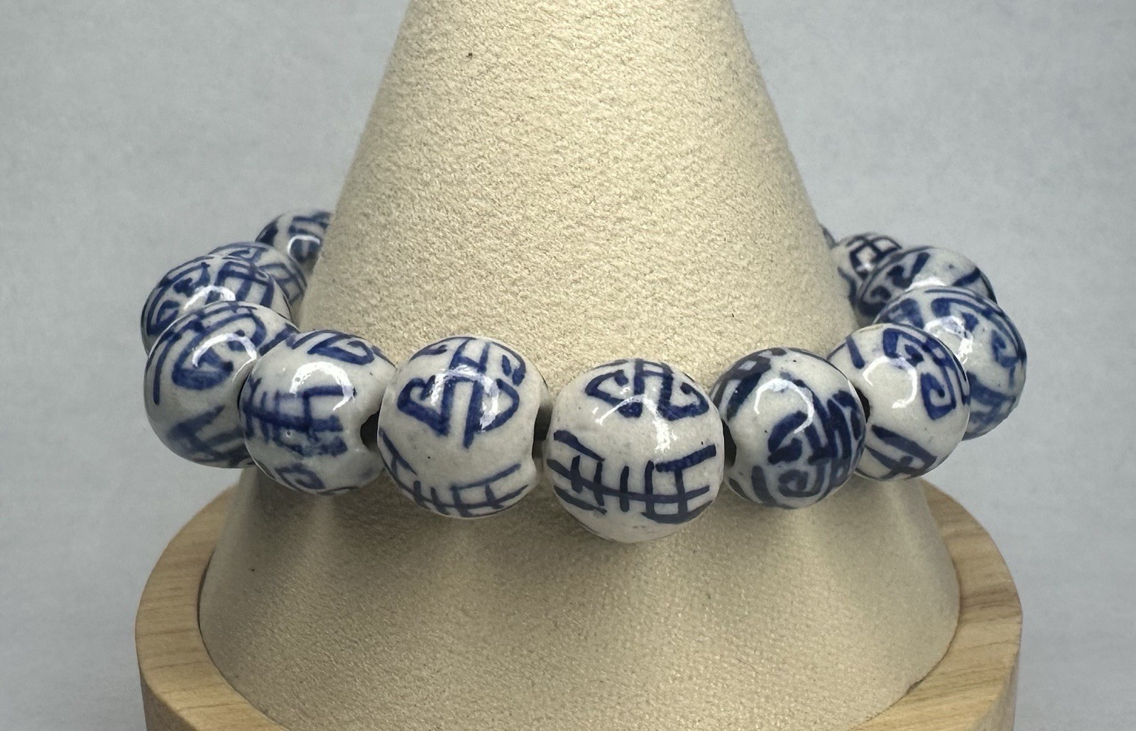 Hand Painted Chinese Porcelain Blue & White Beaded “Shou” Bracelet