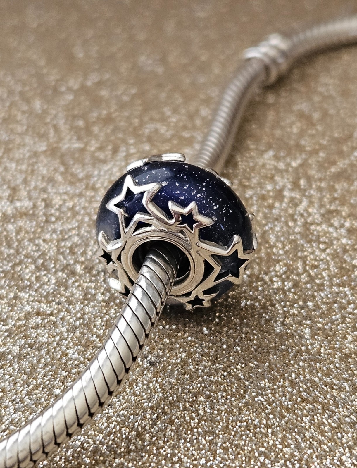 Authentic Pandora Silver Galaxy Blue Stars Murano Charm