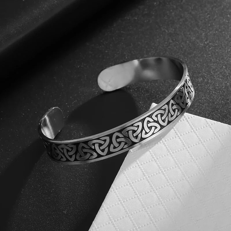 Stainless Steel Vintage Nordic Irish Celtic Knot Open Bracelet for Men and Women