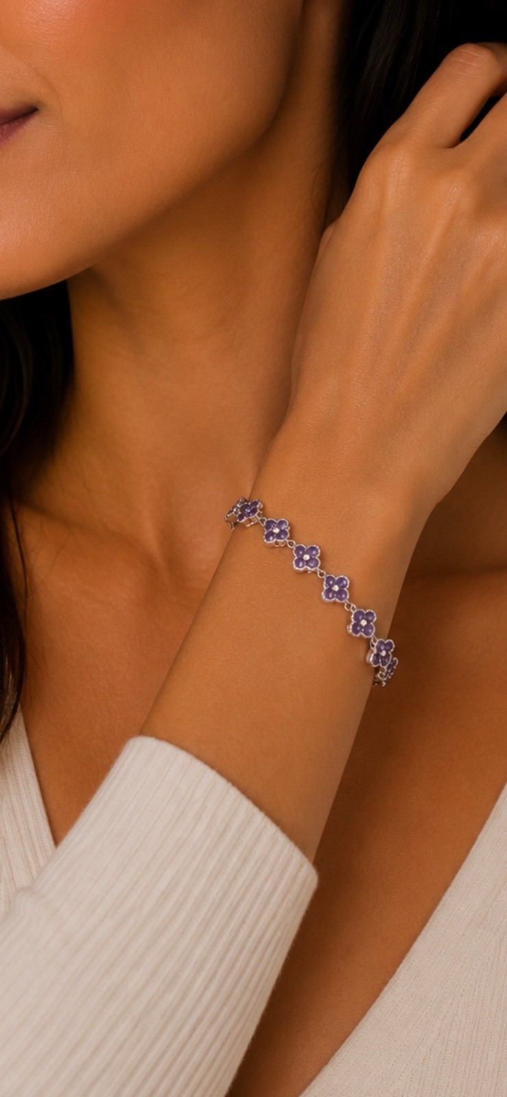 Silver Tone Purple Flower Clover Link Chain Charm Bracelet Floral Theme Jewelry