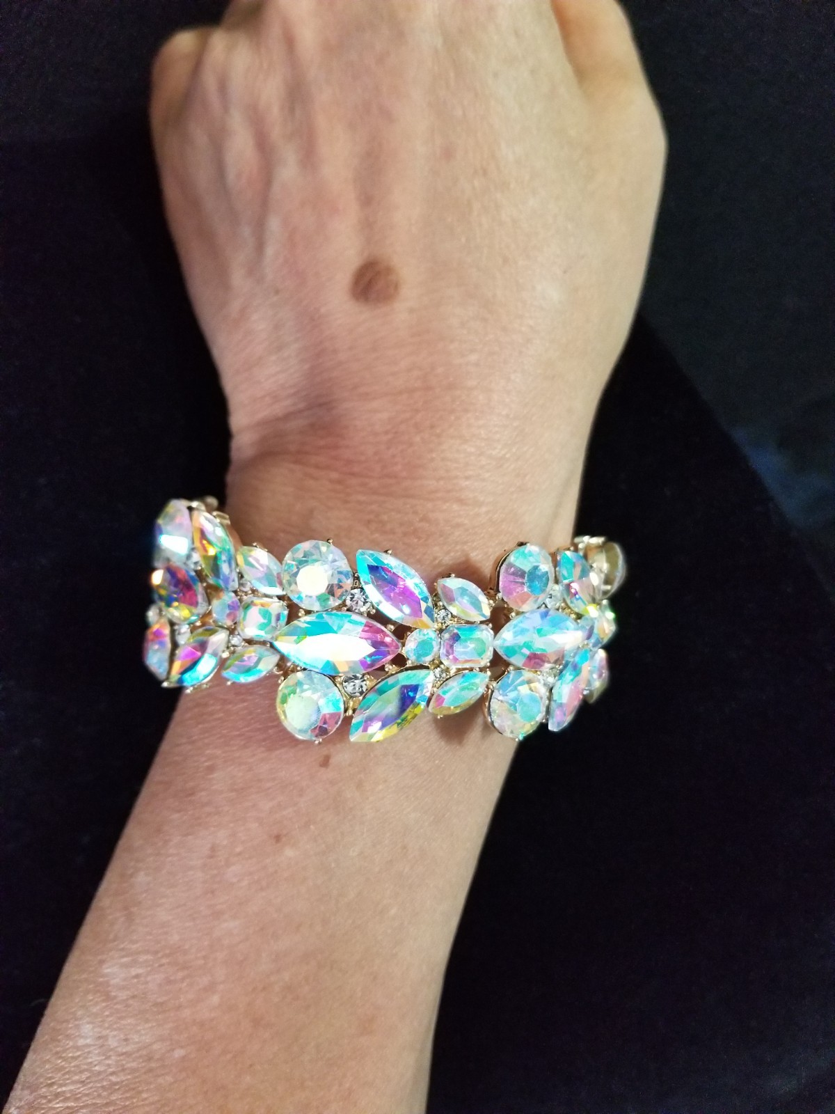 AB Iridescent Gold Rhinestone Stretch Bracelet Crystal Pageant Prom Drag Jewelry