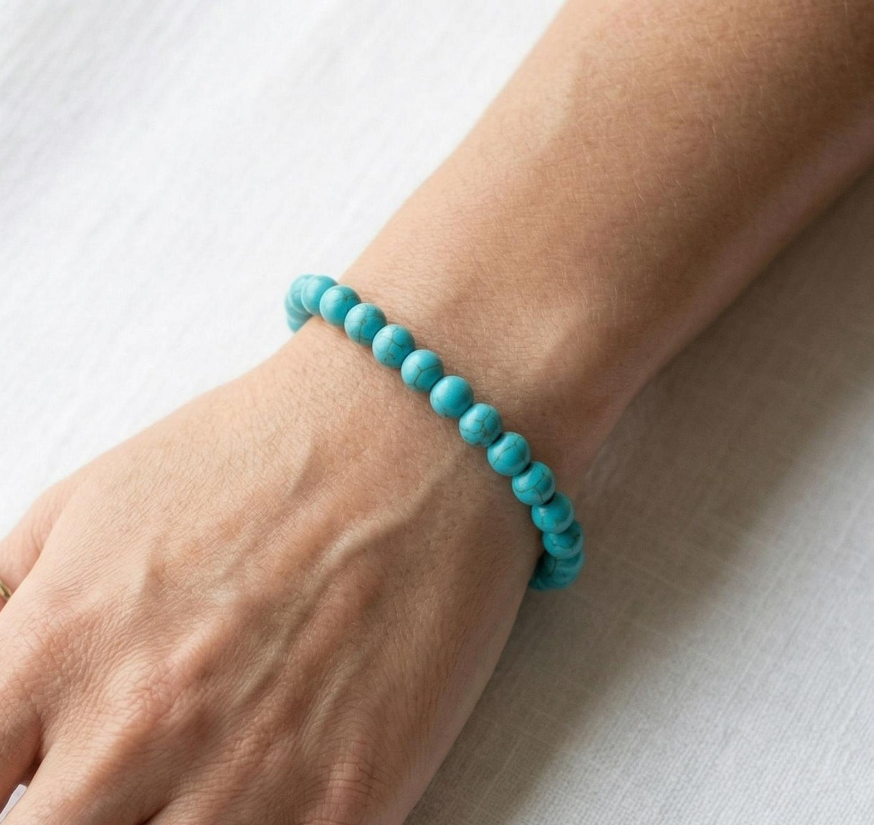 Handmade Turquoise Gemstone Bead Bracelet, Premium Bright Blue Elastic Bracelet