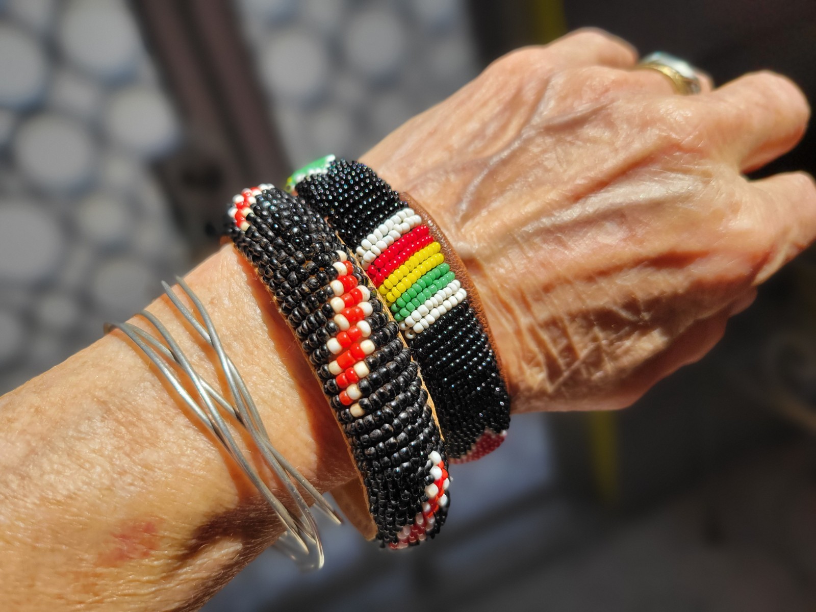 Vintage Lot of 2 African Woven Seed Bead & Leather Bangles African Colors 7″& 8″