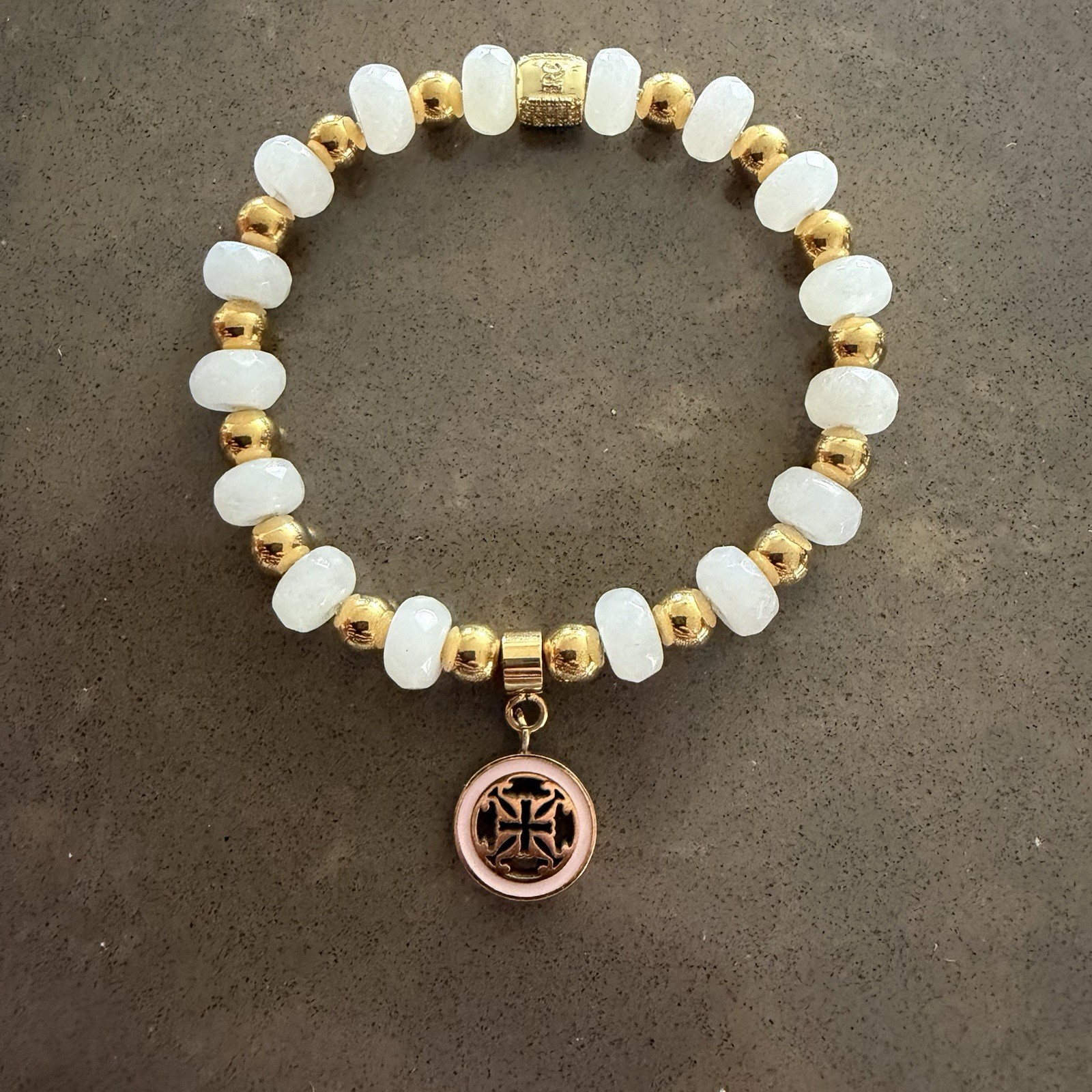 Rustic Cuff White Bracelet Gold Tone White Enamel Logo Charm Stretch 7”