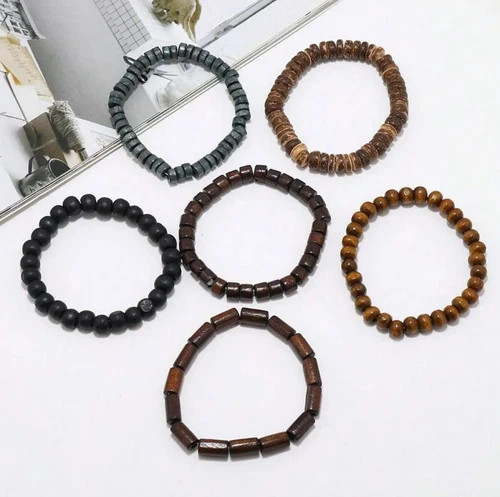 6pcs Braided Leather & Wooden Bead Bracelets – Adjustable Vintage Style for Men