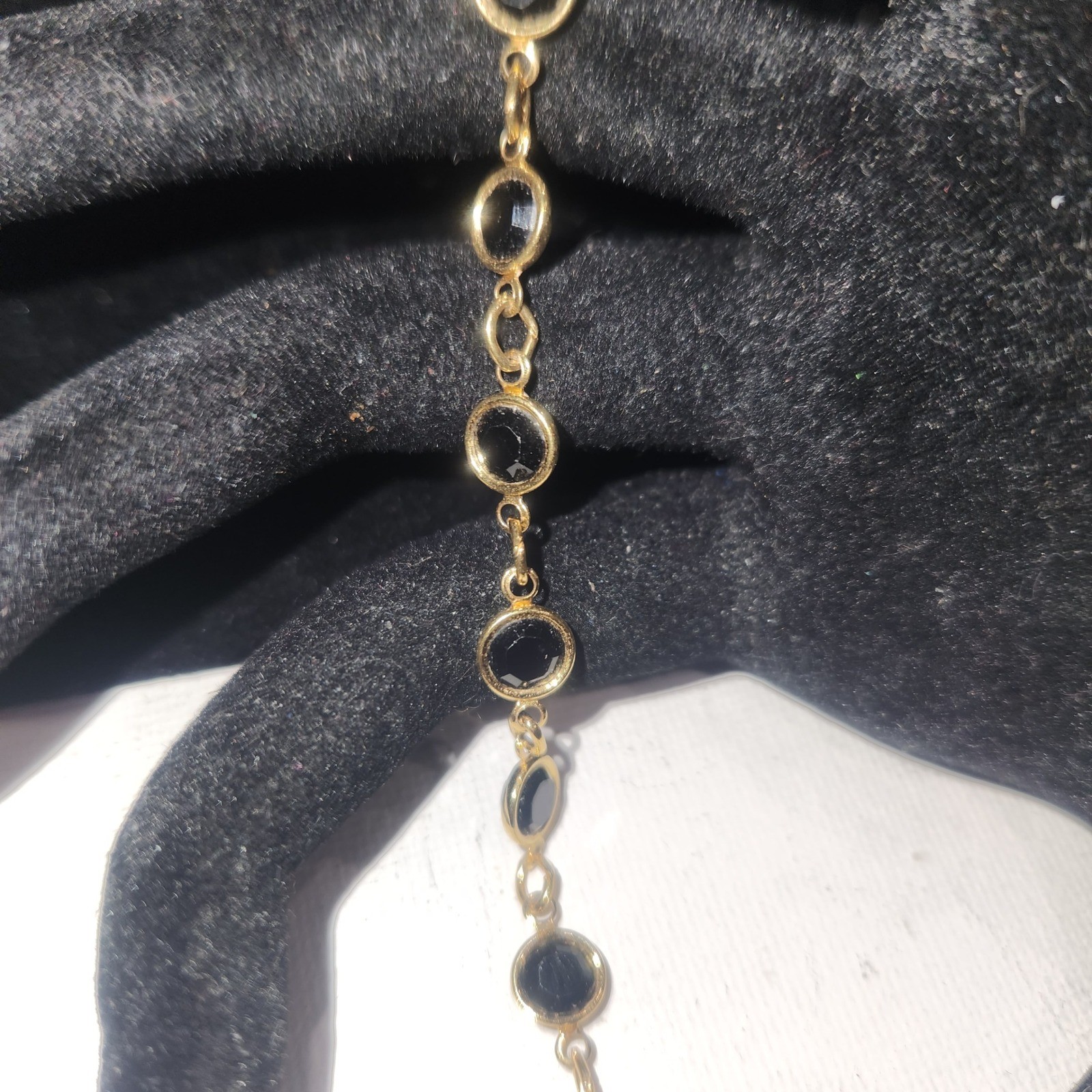 Gold Tone Bezel Set Round Black Glass Link Bracelet 6.5 Inch