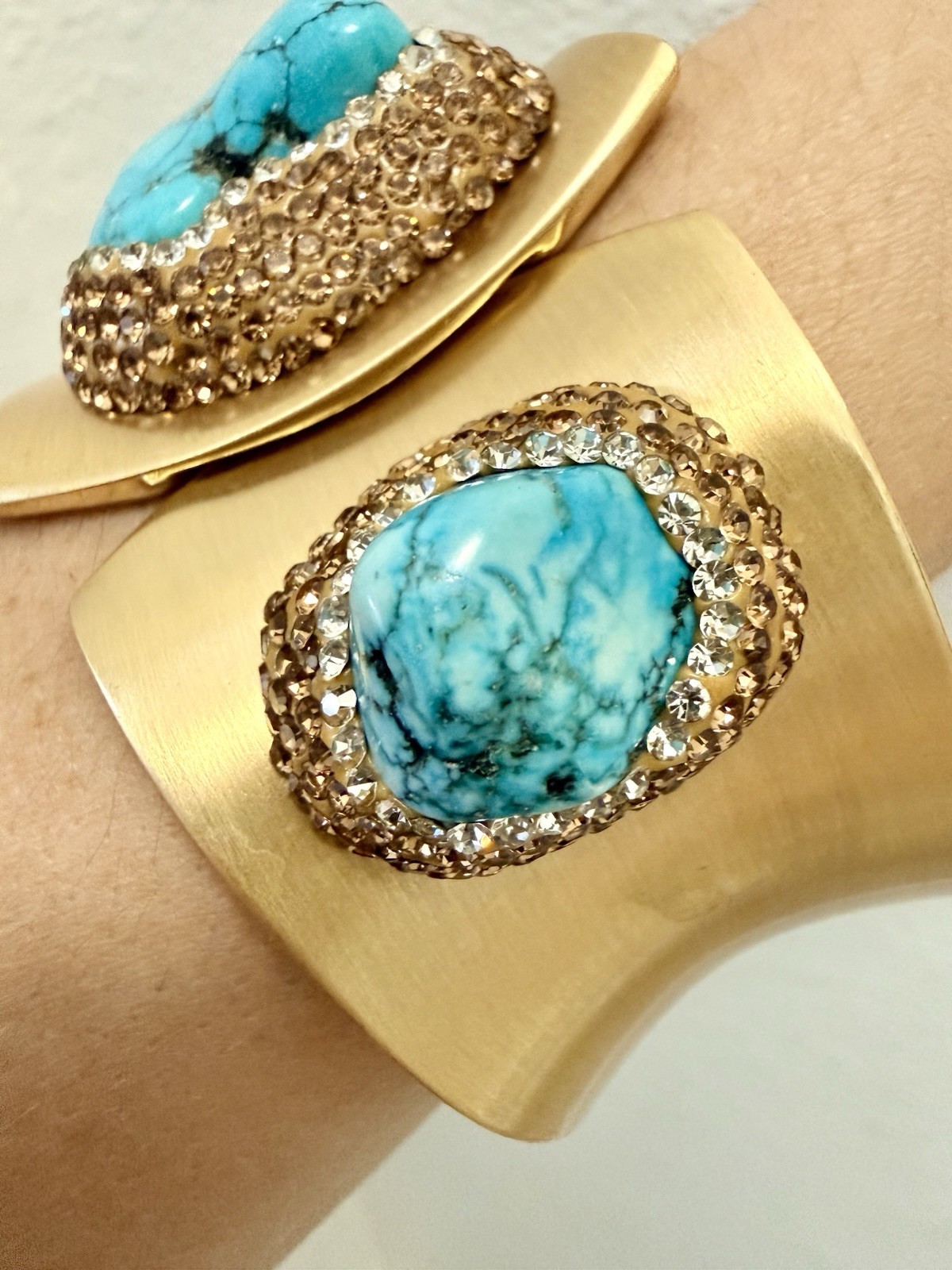 Gold Plated Asymmetrical Cuff Bracelet Blue Turquoise Bezel Set Hinged Stackable