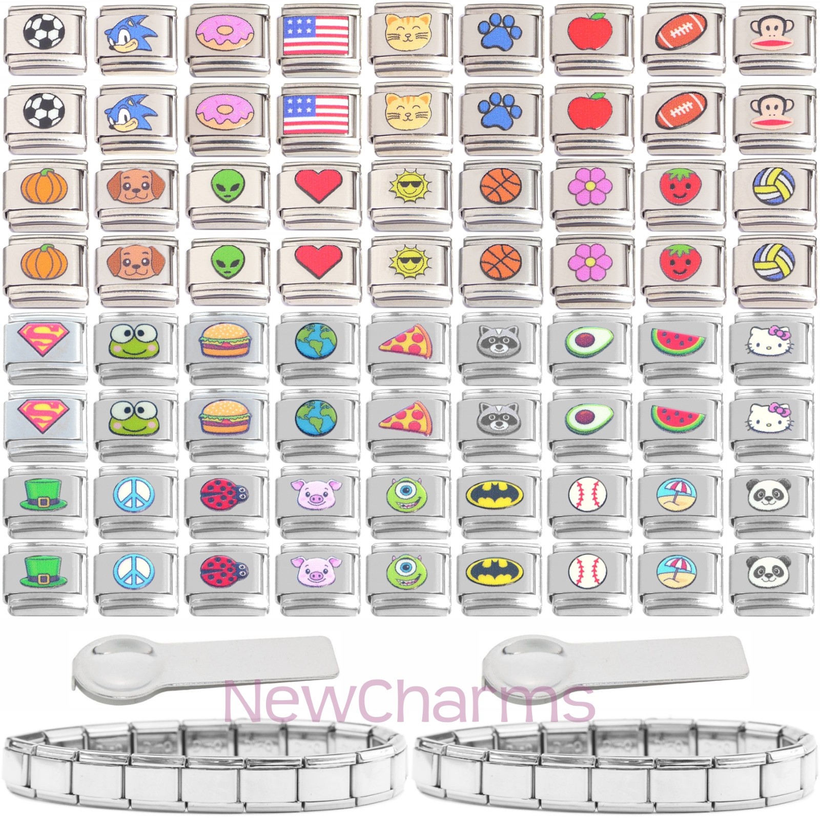 Set of 72 Italian Charms as Pictured with Charm Tools and 9mm Starter Bracelets