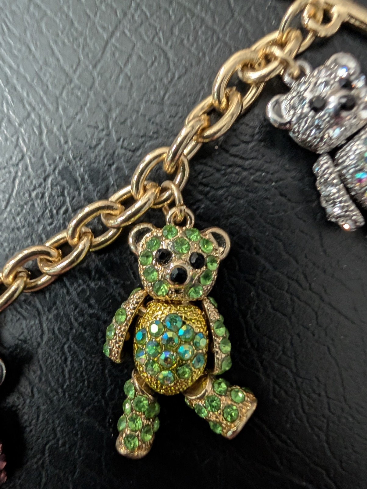 RARE Off Park R Collection Jointed Teddy Bear Charms Bracelet Gold & Silver Pave