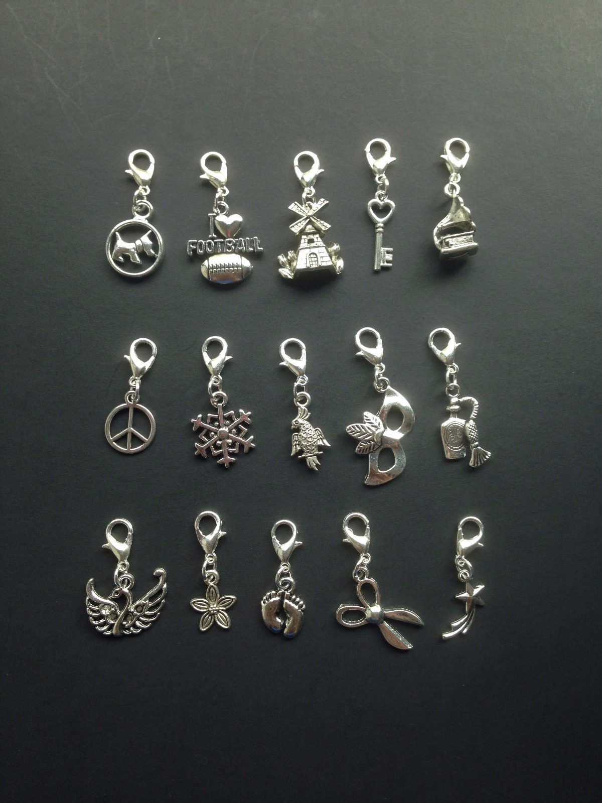 25 Mixed Silver Bracelet Clip Ons Charms Lobster Clasp Purse Zipper Pulls Lot