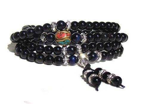 Mala Beads Stretch Bracelet, Black Obsidian Tiger Eye Buddhist Prayer Beads