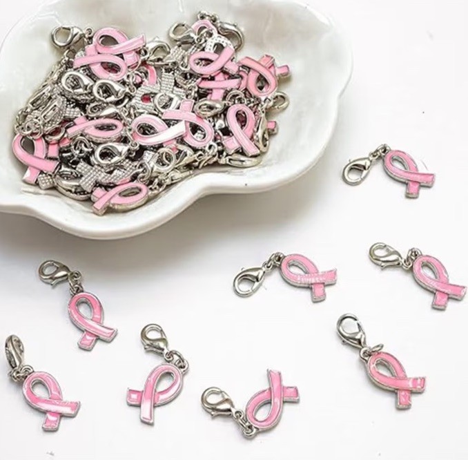 Pink Breast Cancer Ribbon locket charm Bow Keychain Key Ring Chain Chains