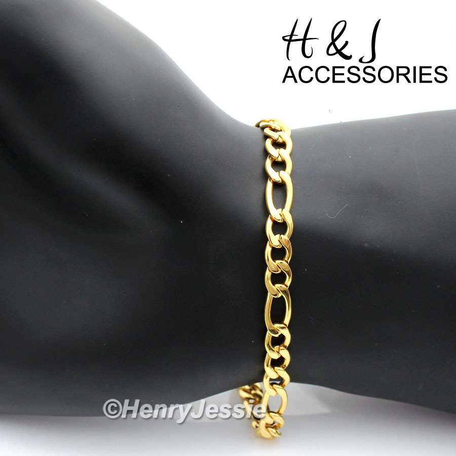 7″-10″MEN WOMEN Stainless Steel 6mm Gold Plated Figaro Link Chain Bracelet