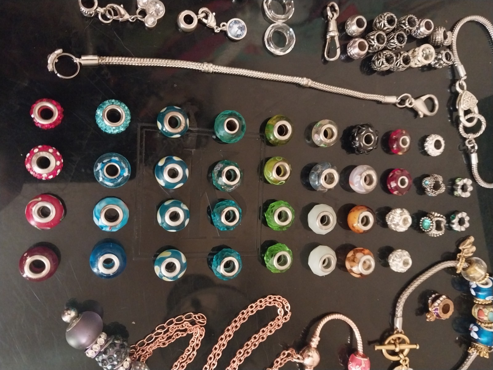 Glass Slide Bead Charms and 3 Bracelets Lot of 75 pcs 925 Murano & Dangle Charms