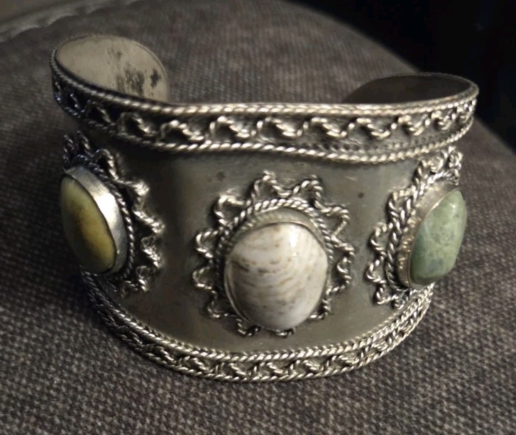 Estate Sale – Ornate Cuff Bracelet Southwestern Detail Three Cabochon Stones