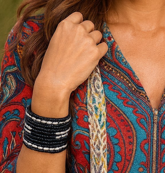 2pc Set 15-Strand Black Beaded Bracelets Bohemian Fashion Boho Tribal Wide Cuffs