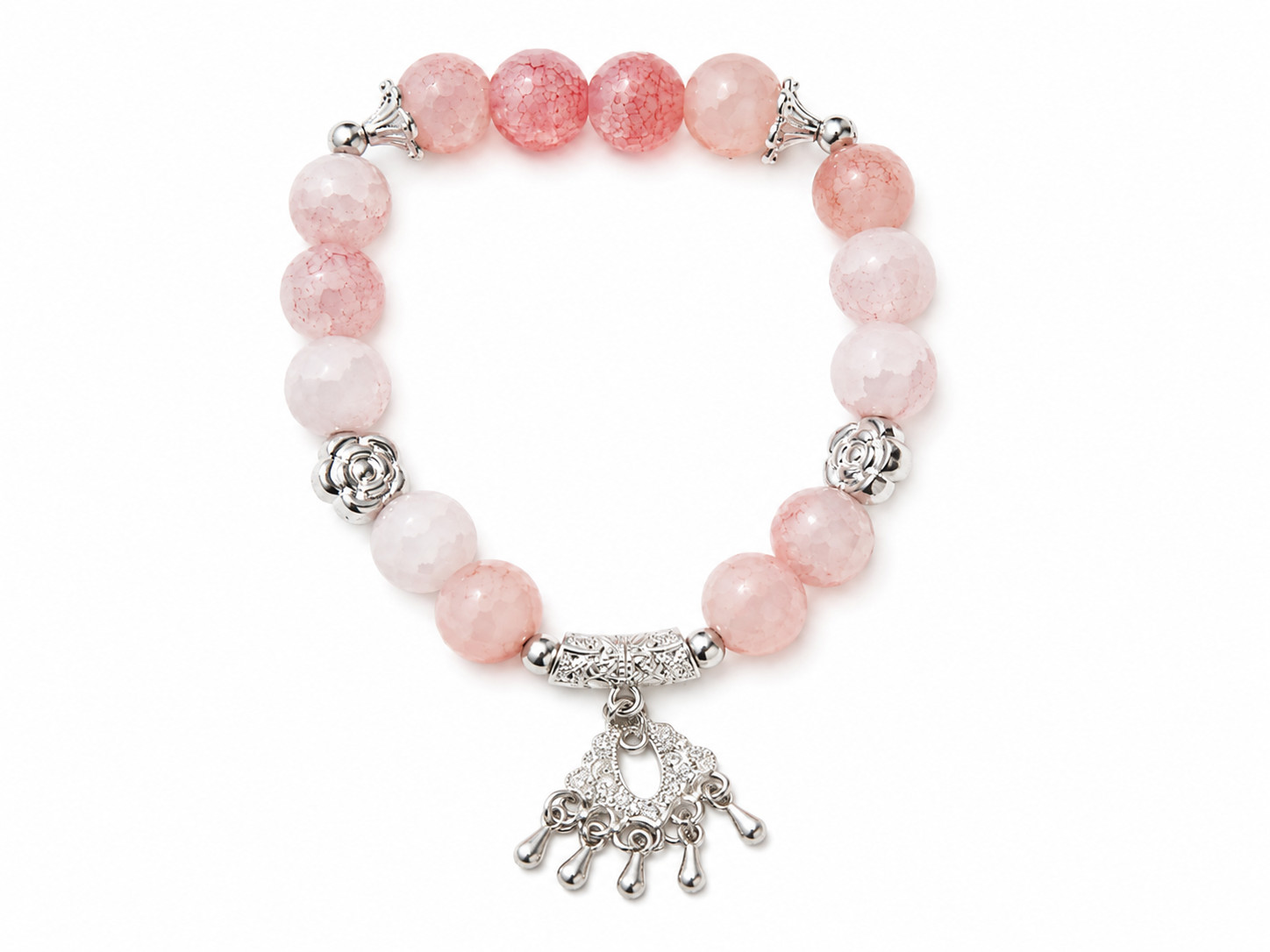 Peach Pink Crackle Glass Bead Stretch Bracelet Silver Dangle Charm Boho Gift