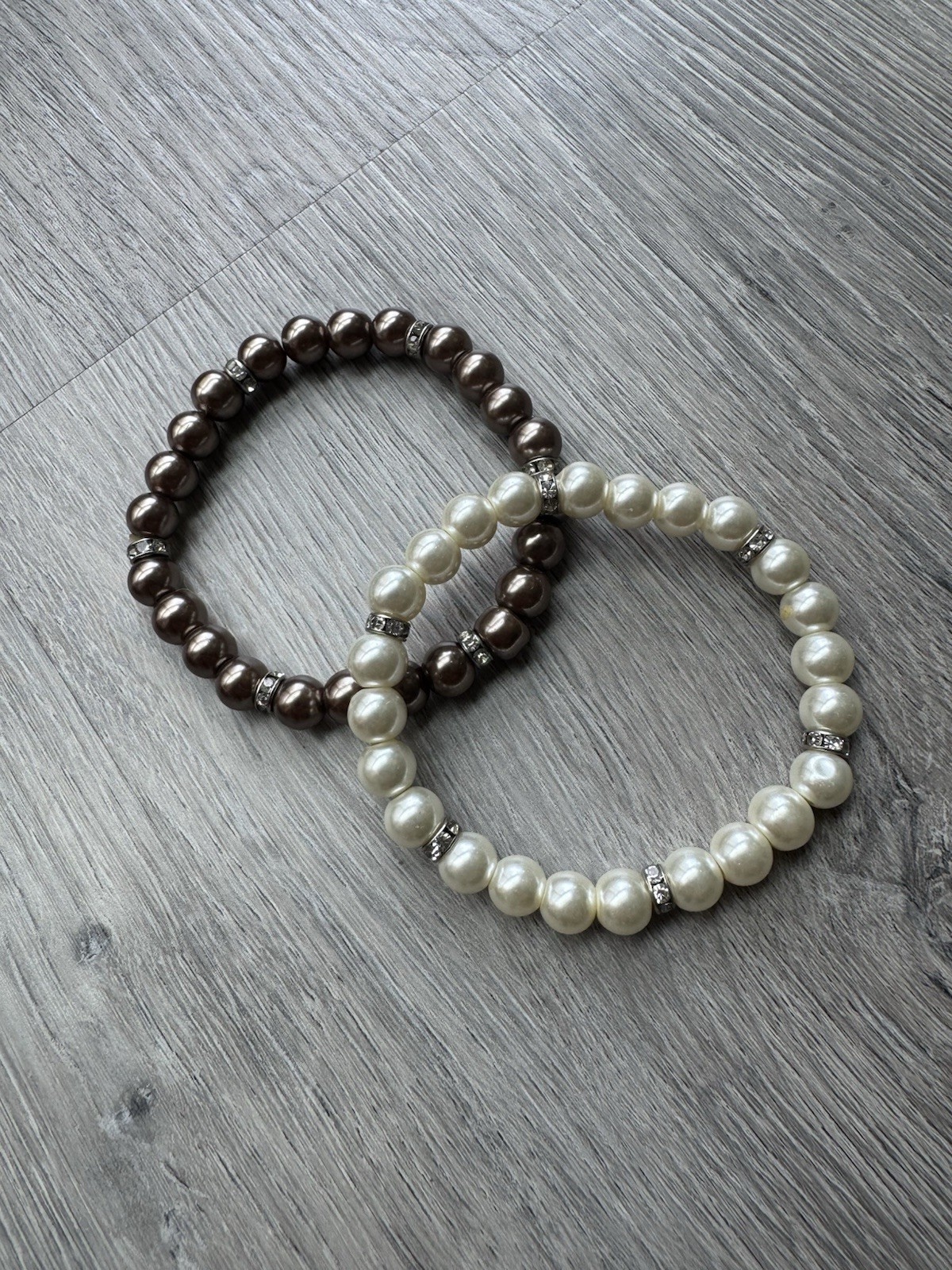 Set 2 Faux Pearl Stretch Bracelets White & Bronze Brown Rhinestone Bridal Prom
