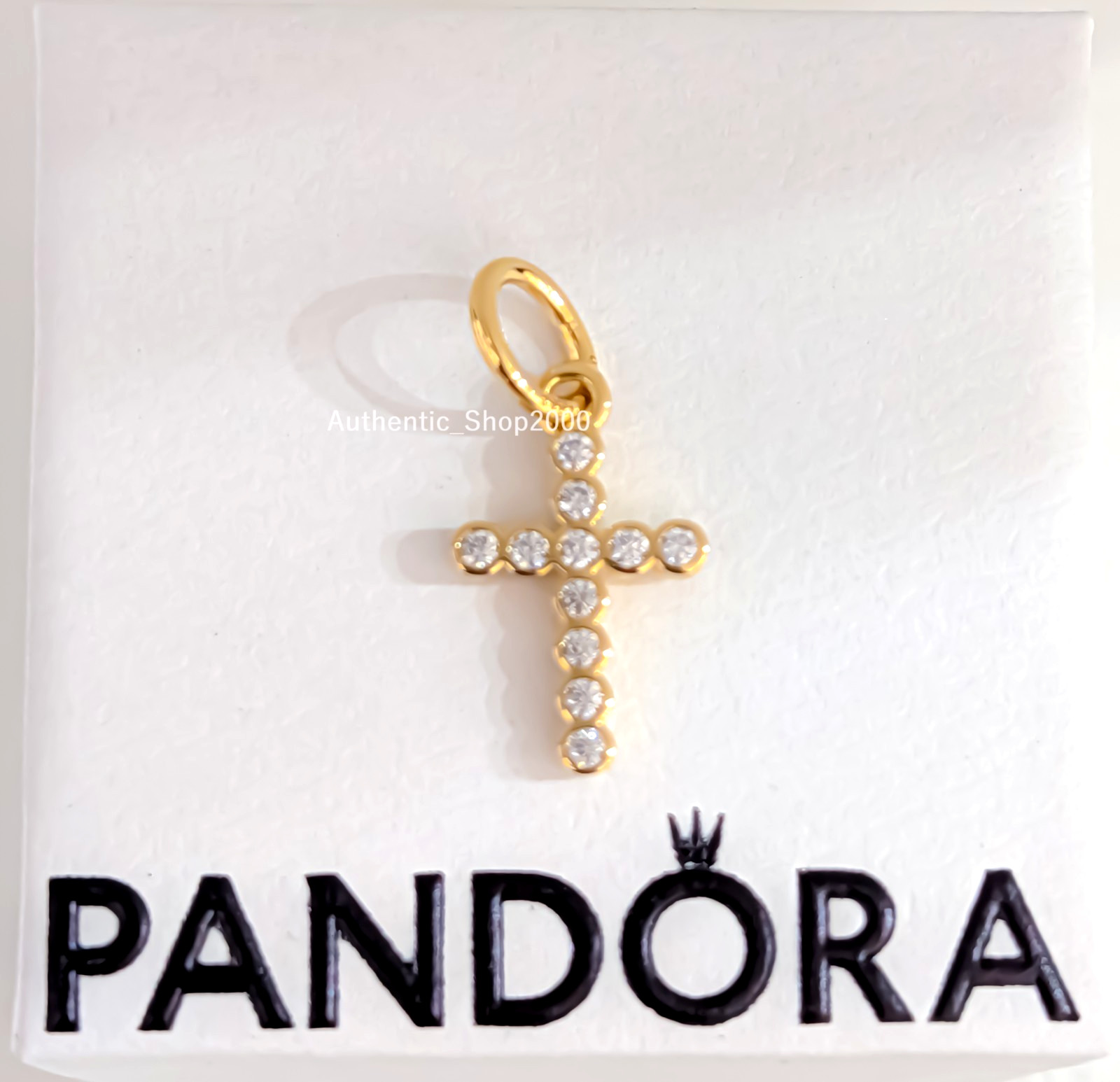 New 100% Authentic PANDORA 14k Gold P CZ Cross Dangle Charm Pendant 764063C01
