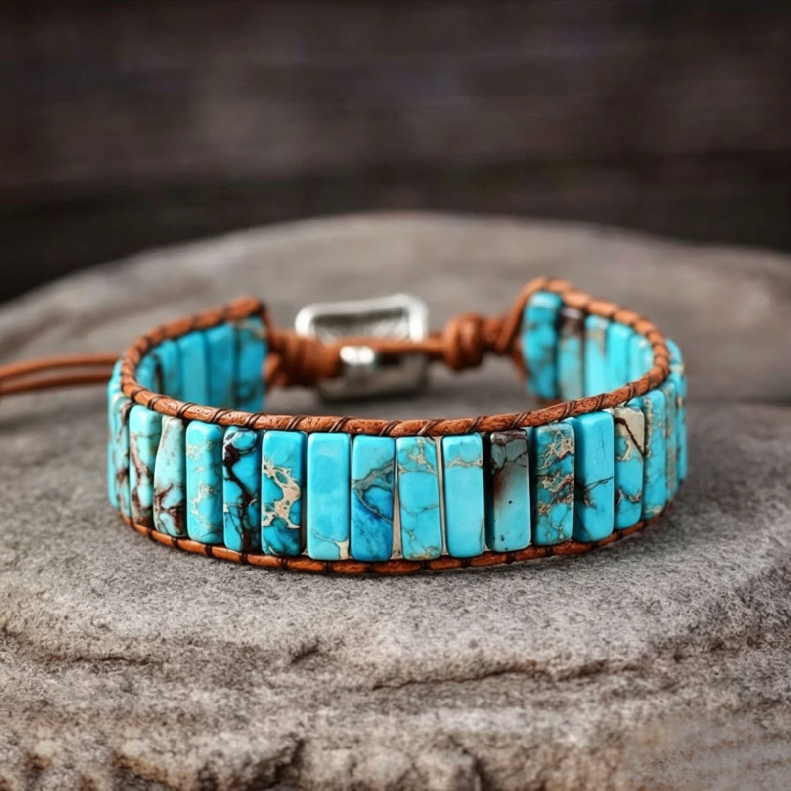 Natural Blue Turquoise Tube Stone Bracelet Leather Braided Healing Copper Wrap