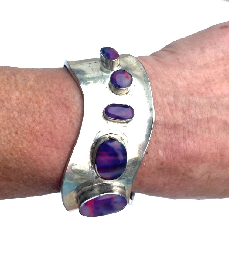 Purple Oval Cabochons Stone Adjustable Silver Tone Metal Cuff Bracelet Mexico