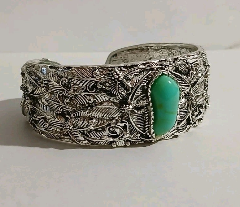Contemporary Cuff Bracelet Resin Blue Green Bezel Cabochon