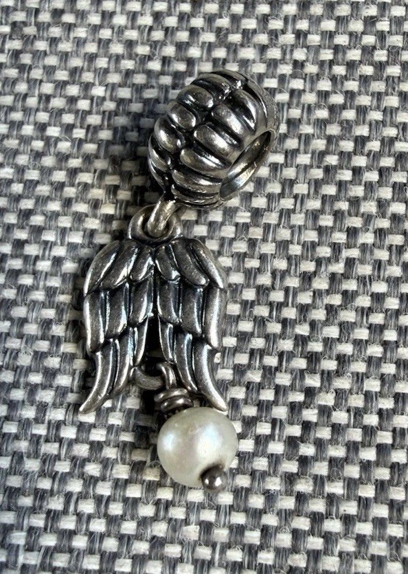 Pandora 925 Silver Guardian Angel Wings Pearl Dangle Charm Authentic Retired