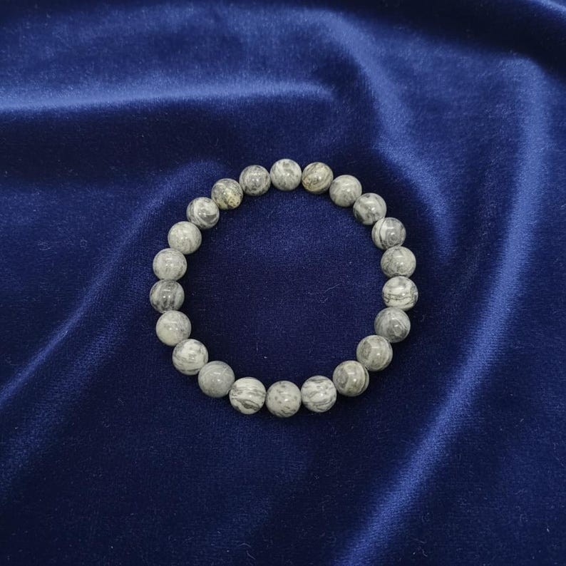 Real Map Stone Jasper Bracelet Gray Beads, Balance And Focus Stone Jewellery