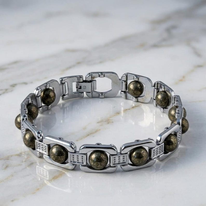 Natural Pyrite Silver Plated Chain Bracelet, Shimmering Stones, Unisex Gift
