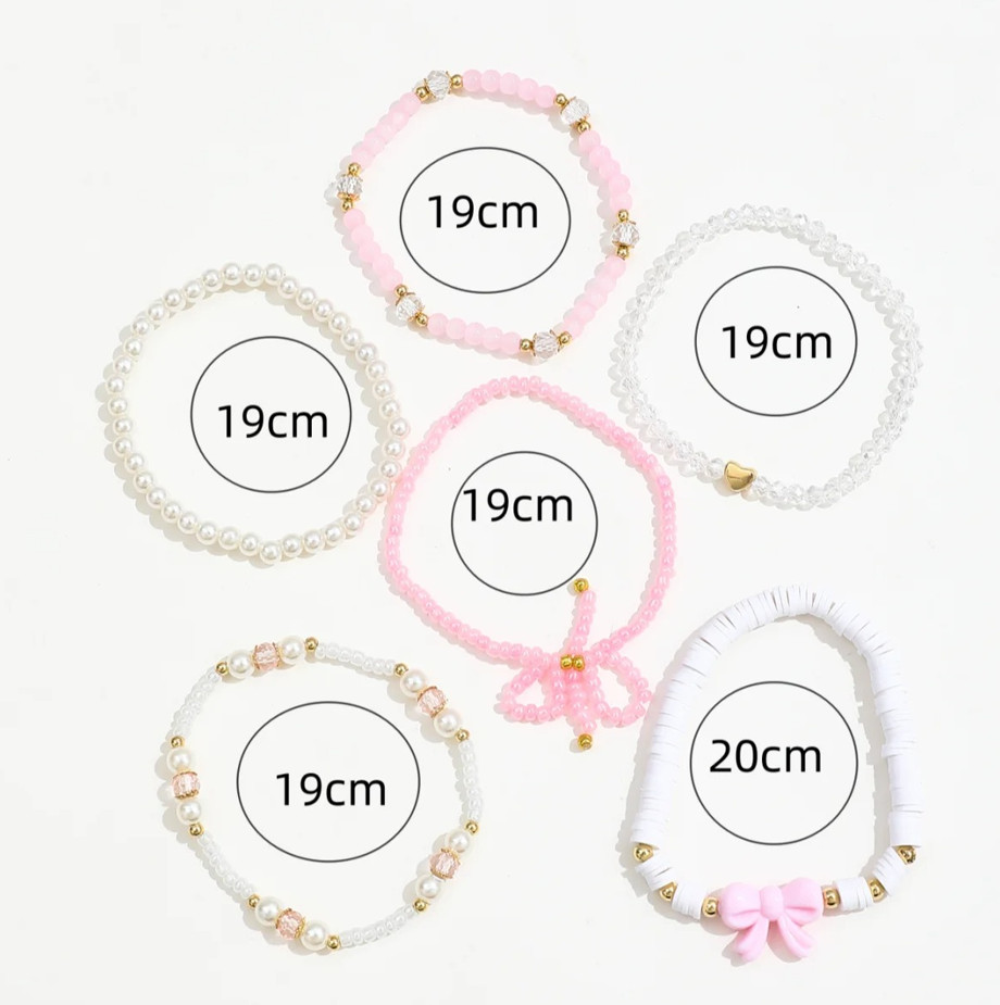 6Pcs Pearl Bow Heart Beaded Bracelet Set Cute Sweet Jewelry for Women