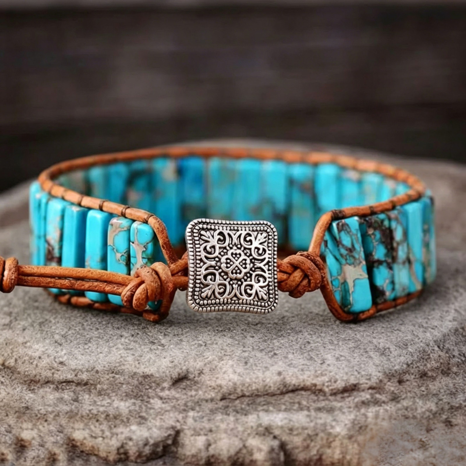 Natural Blue Turquoise Tube Stone Bracelet Leather Braided Healing Copper Wrap