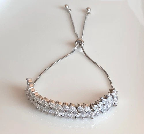 18K Platinum Plated Marquise Simulated Diamond Bolo Tennis Bracelet Elegant Gift
