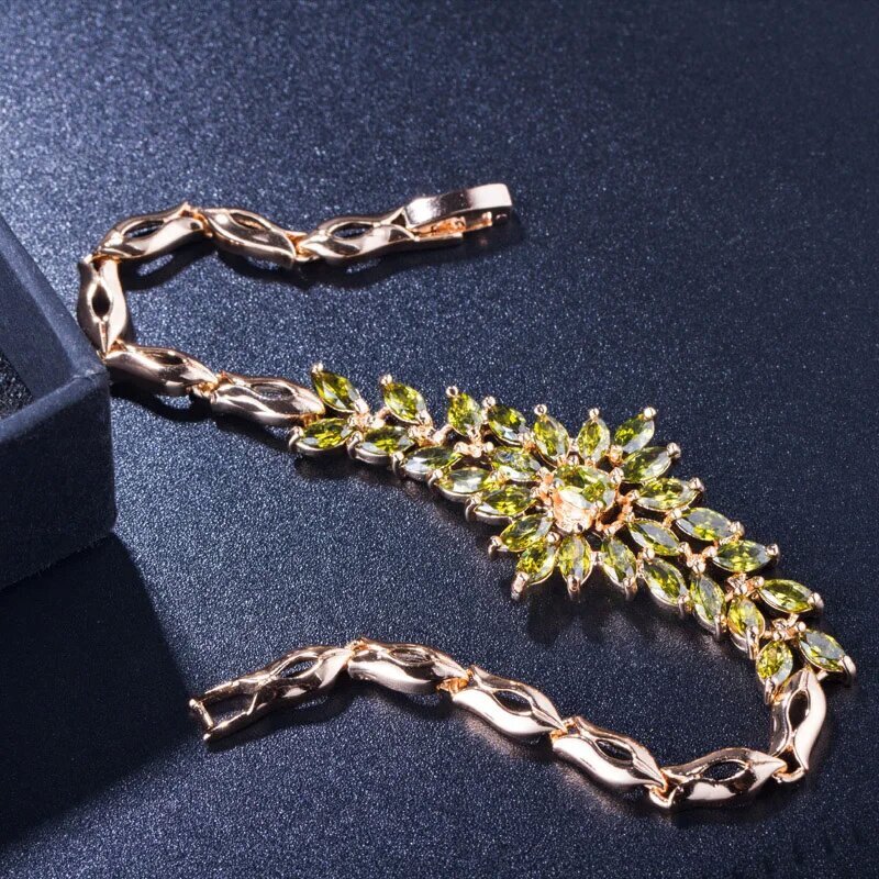Luxury Yellow Gold Plated Multicolor Cubic Zirconia Women Flower Charm Bracelet