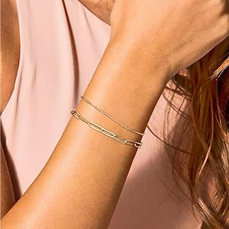 14K Gold Filled Layered Paperclip Bracelet Dainty Beaded Link Chain Adjustable
