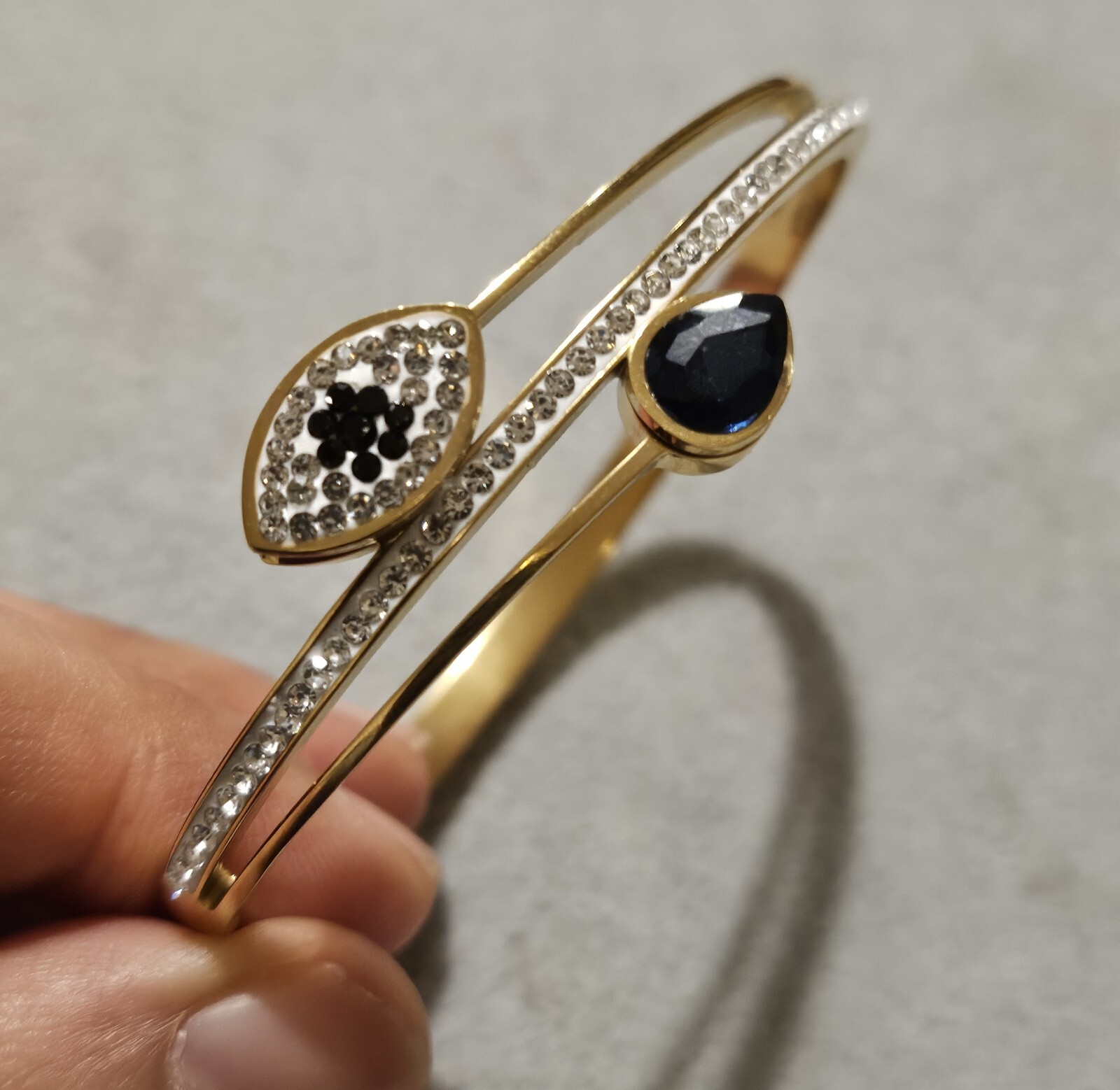 Beautiful Turkish Design Gold Plated Evil Eye Blue Crystals Bangle Bracelet