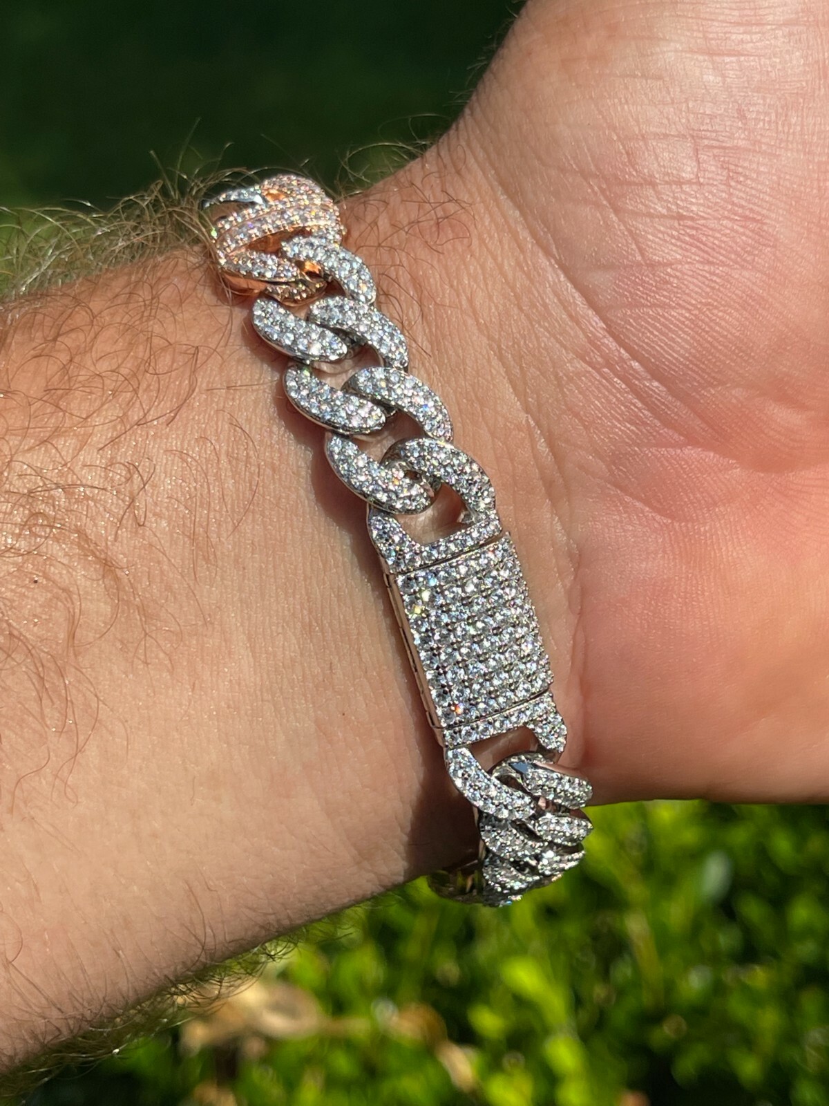 Solid 925 Silver Rose Gold Plated Men Cuban Iced Gucci Link Bracelet Baguette CZ