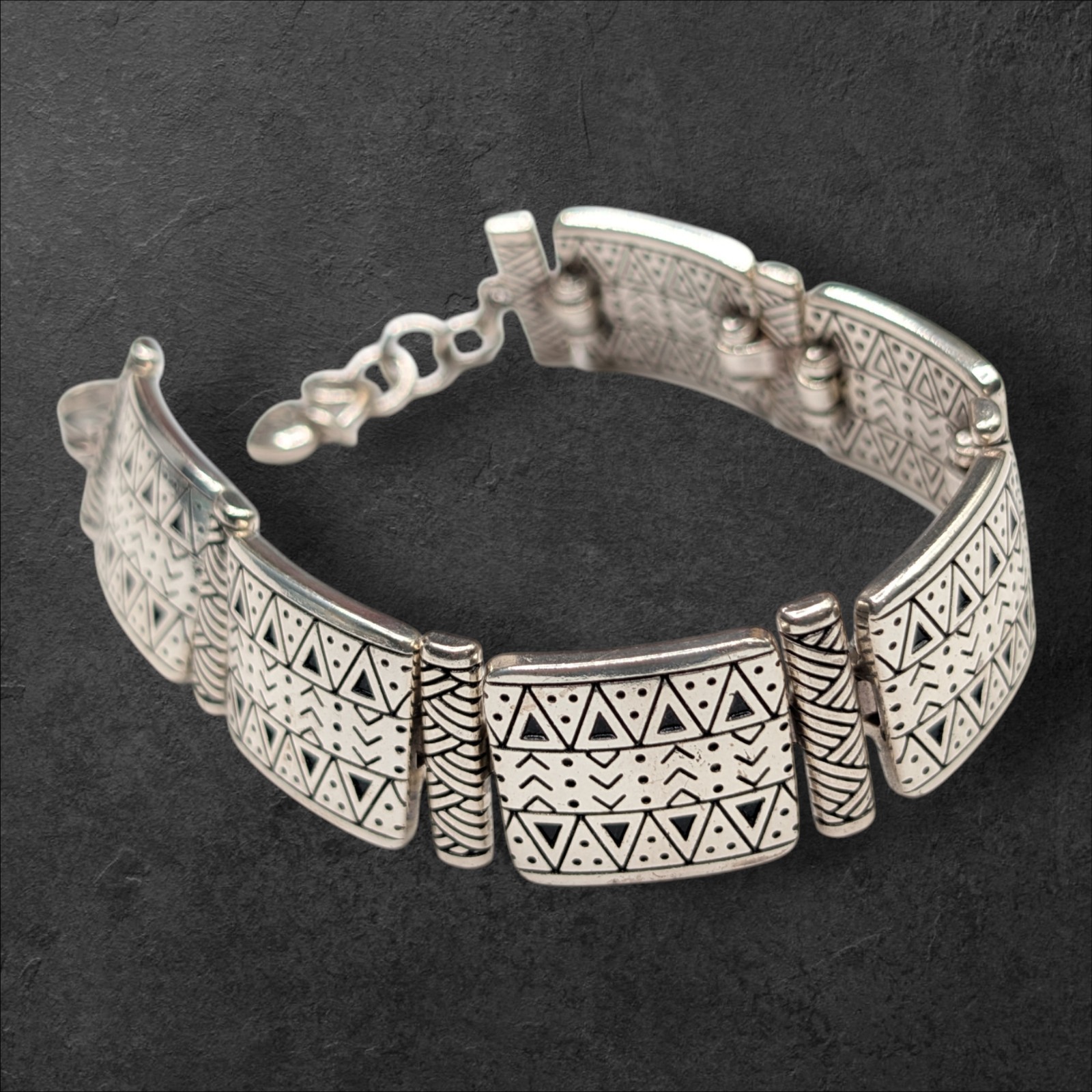 Brighton Africa Stories Black Etched Panel Silver Plated Link Bracelet JL9390