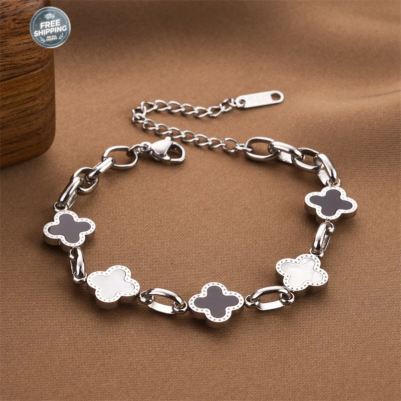 Women’s Fashion Titanium Steel Four-leaf Clover Bracelet Adjustable Charm