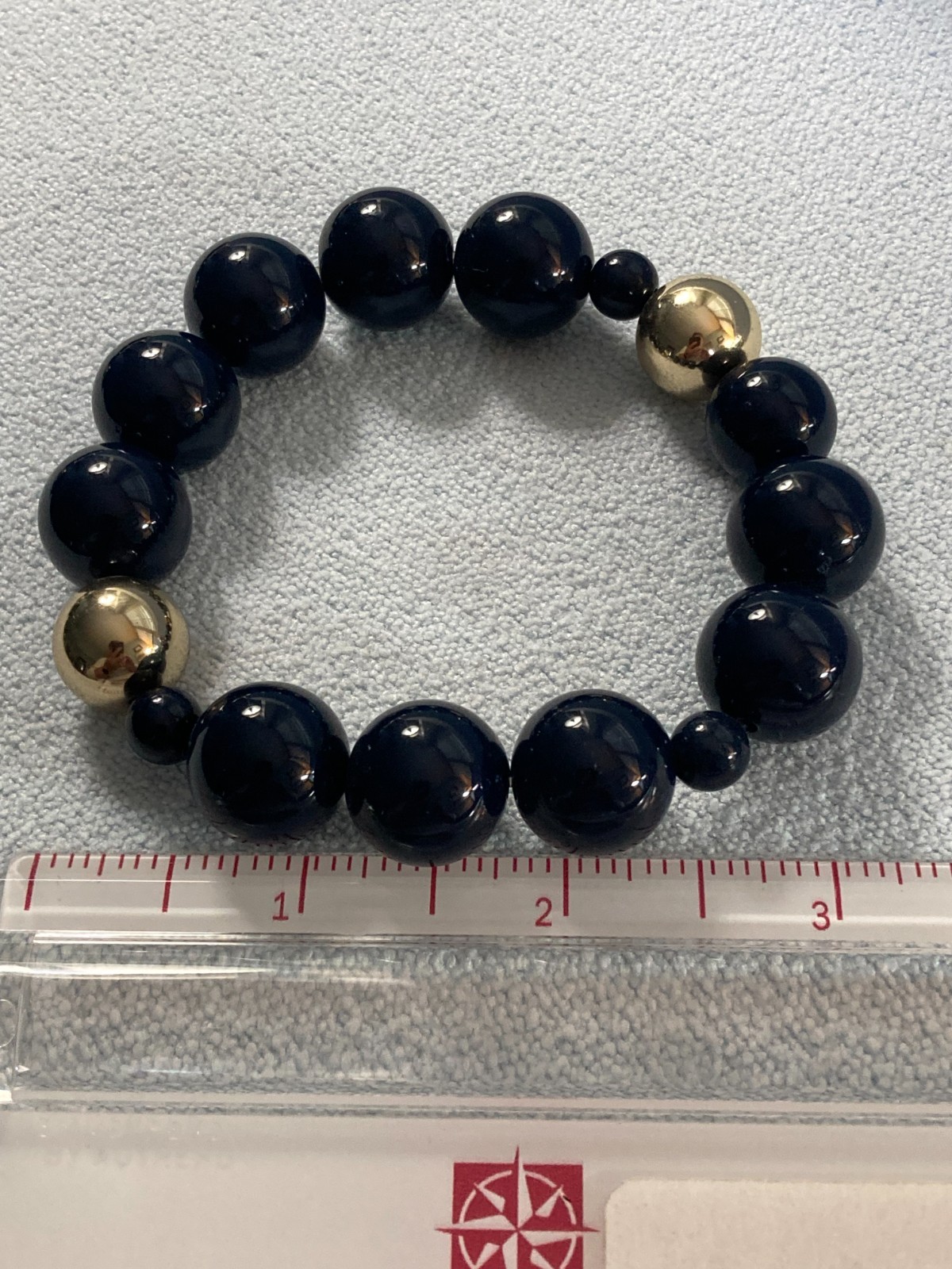 Lot of 3 Chico’s Nia Stretch Navy Blue and Gold Plastic/Acrylic Bead Bracelets