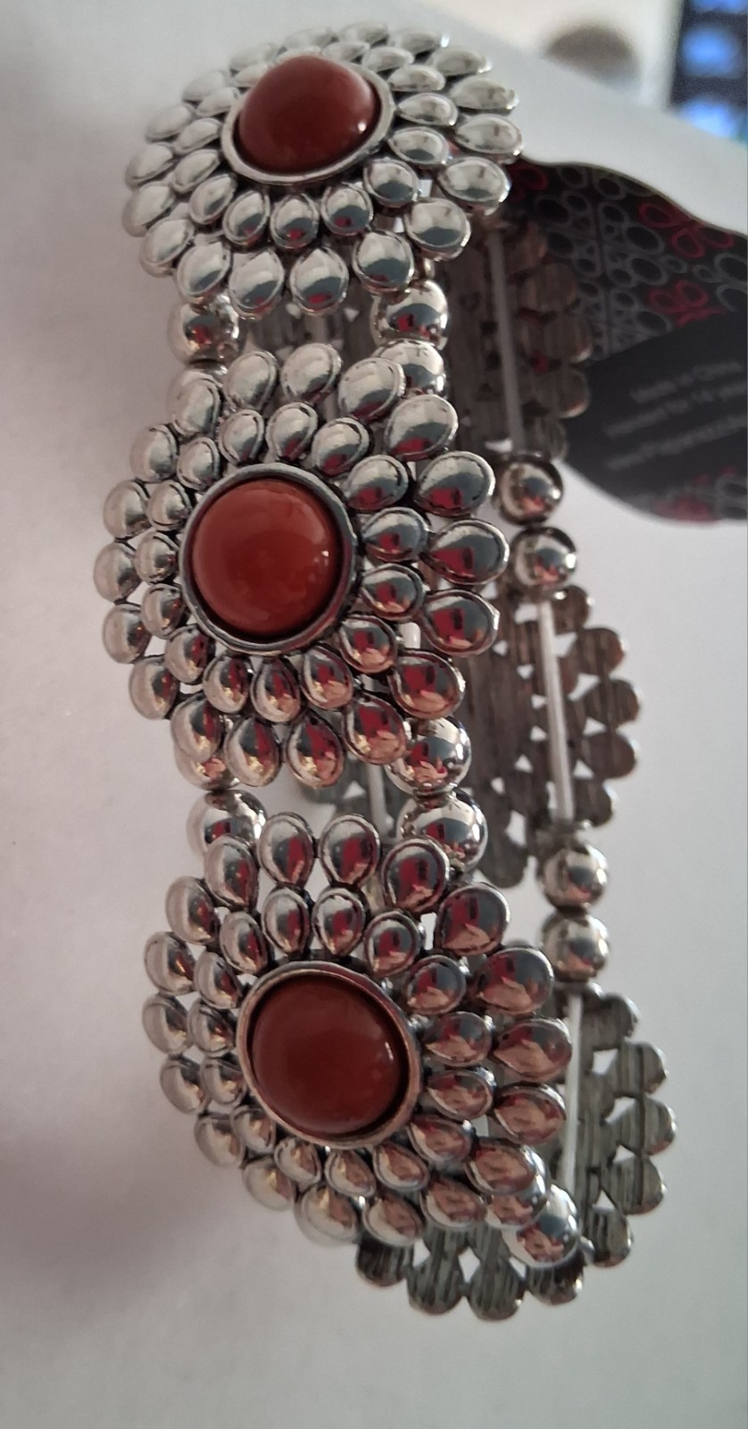 Silver Tone Stackable Cuff Bracelet w/ Brown Round Bezel-Set Cabochon, Slip-On