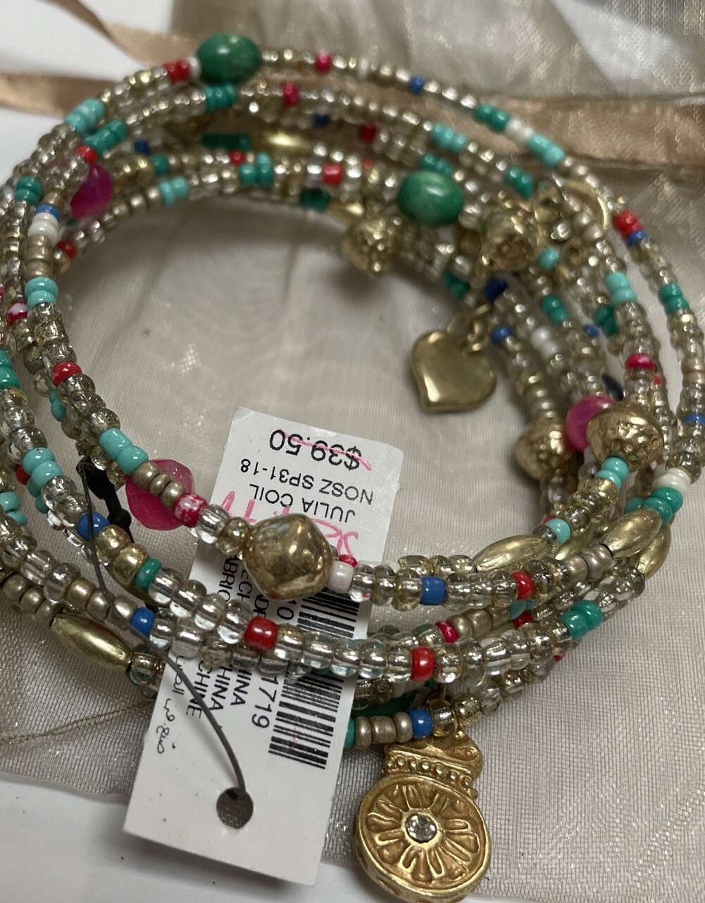 CHICO’S MULTI-COLORED SEED BEAD COIL BRACELET MEDALLIONS PEARL CHARMS NEW NWT