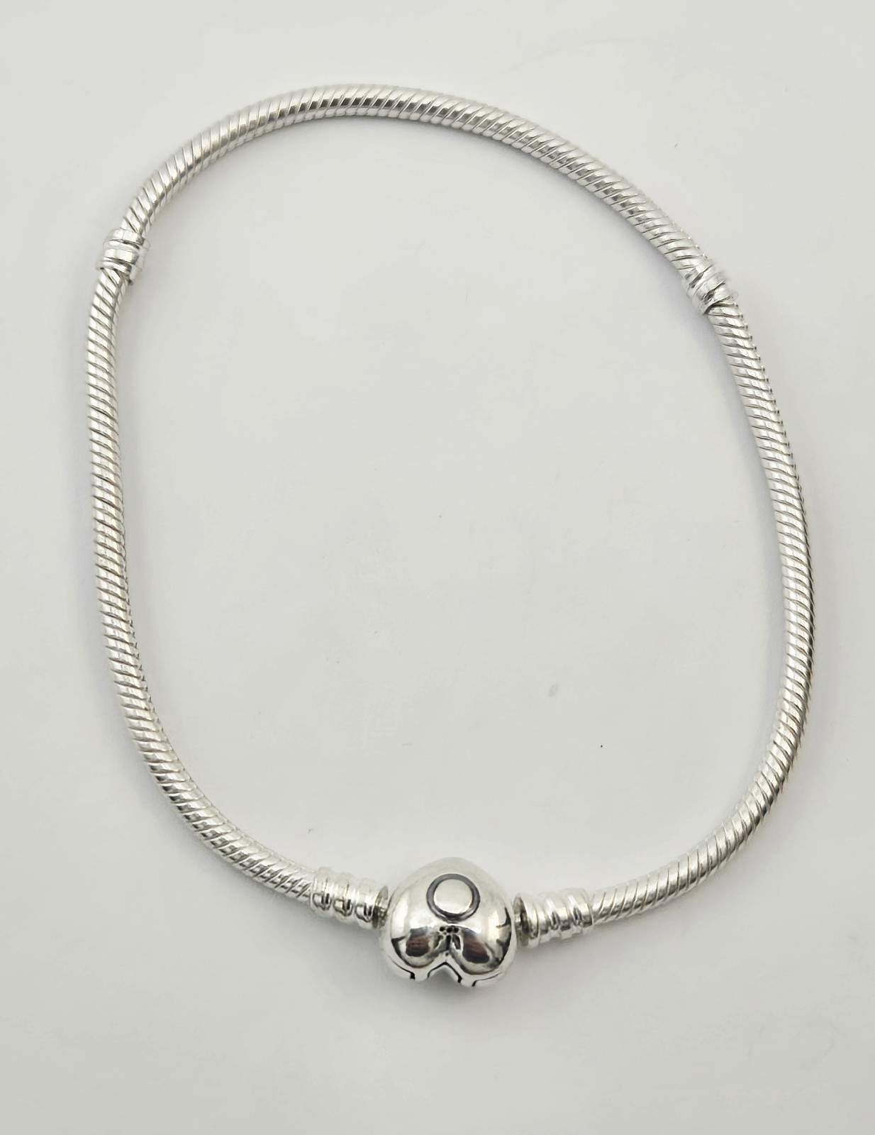 Pandora Moments Sterling Silver Snake Chain Heart Clasp Charm Bracelet 9″ – 17g