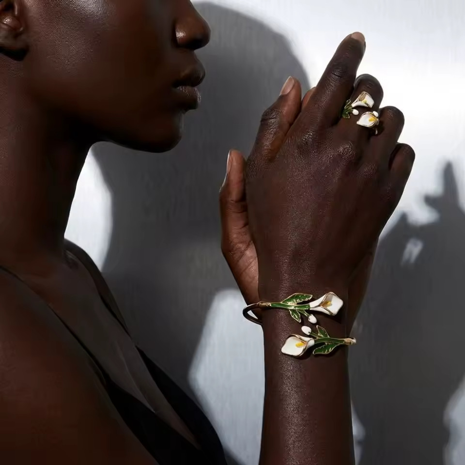 Floral Bracelet & Ring Set Gold & Silver Tone Enamel Open Cuff Women
