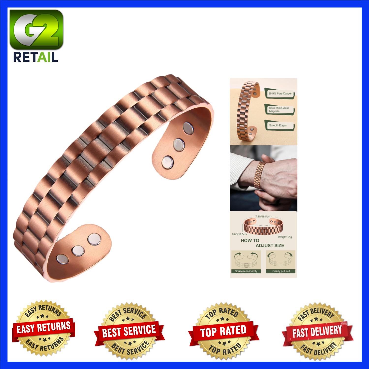 Stylish 99.9% Copper Bracelet with 6x 3500 Gauss Magnets – Perfect Gift for Men