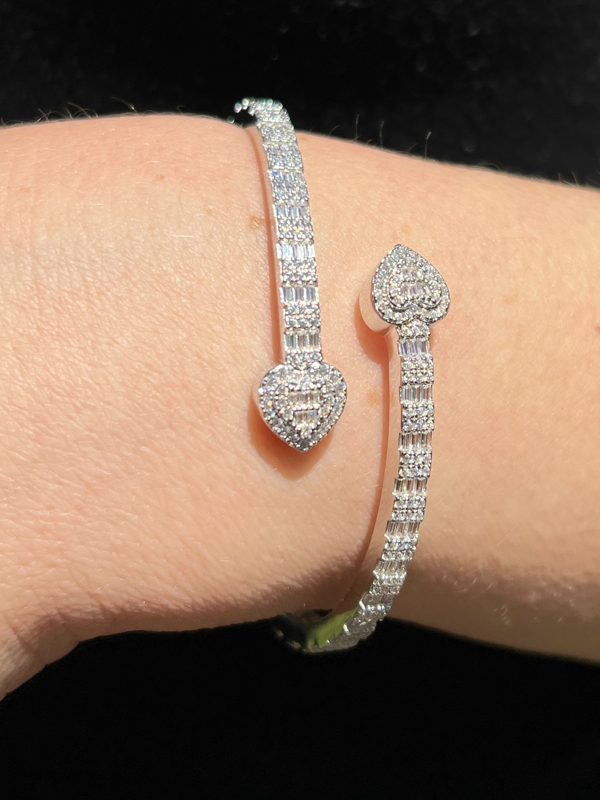 Real Solid 925 Silver Iced Baguette Heart Bangle Cuff Bracelet 6-7.5″ CZ