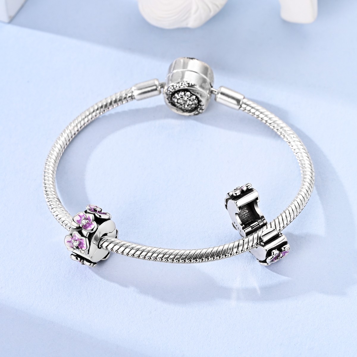 MULA 925 Sterling Silver DIY Charm CZ Butterfly Orchid Clip for Women Bracelet