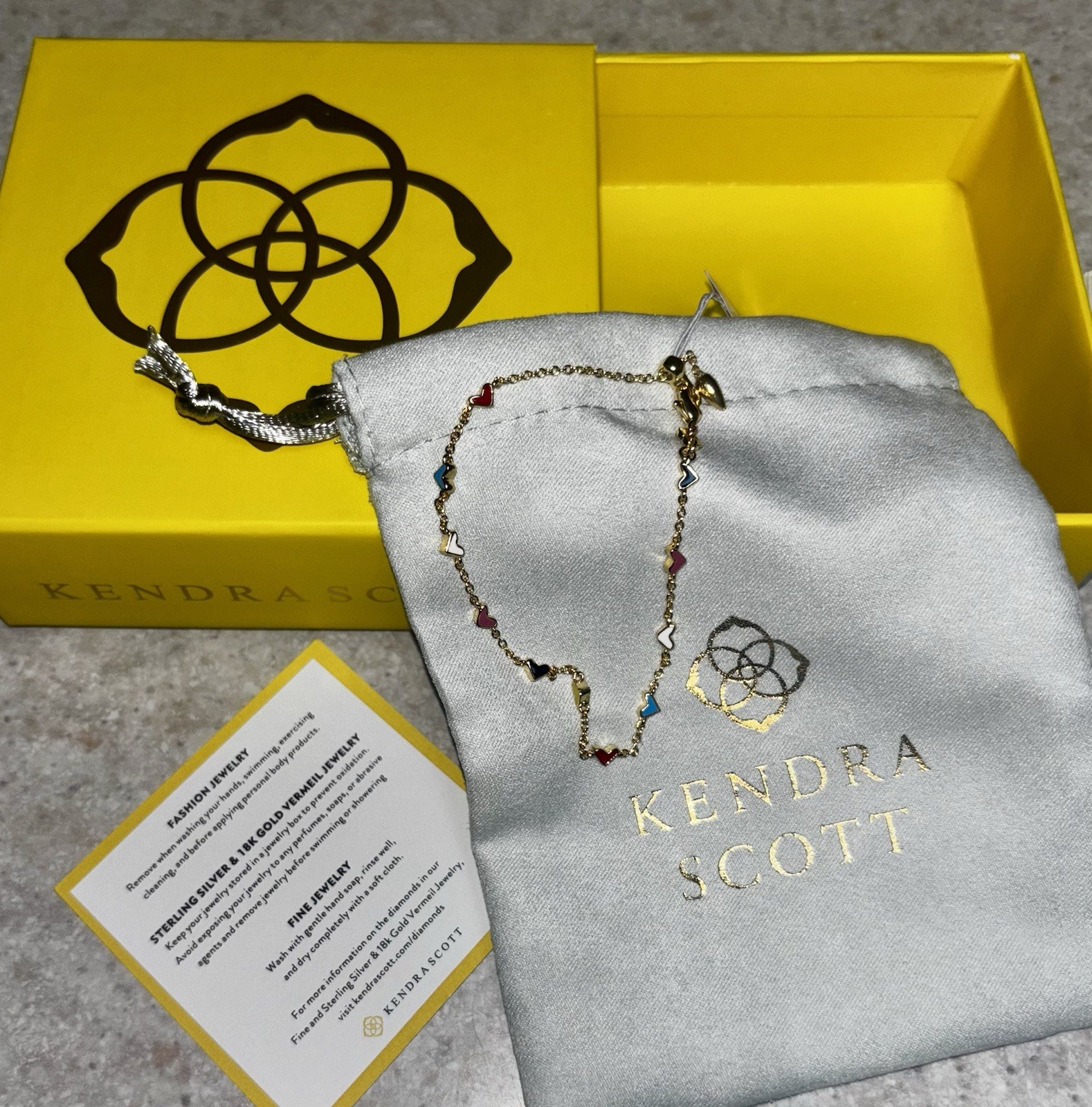 Kendra Scott Dainty Multi Heart Bracelet. Slider Adjustment. Gold Tone
