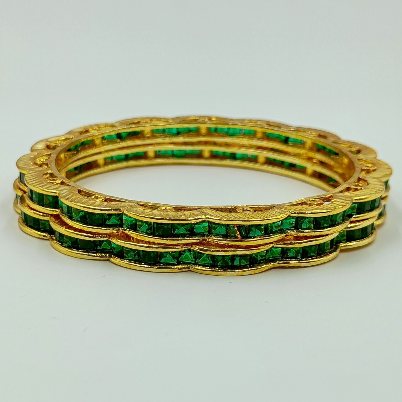 Handcrafted 22K Gold Over Brass Emerald Bangles Set Women Vintage Style Bracelet